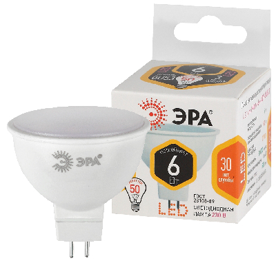 Лампа светодиодная LED MR16-6W-827-GU5.3 (диод, софит, 6Вт, тепл, GU5.3) ЭРА, (10/100/4000) ЭРА