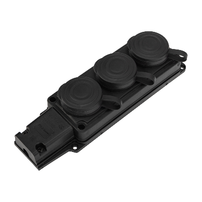 Розетка (колодка) штепсельная трехместная влагозащищенная 2P+PE 230V, 16 А, IP44 каучук, REXANT
