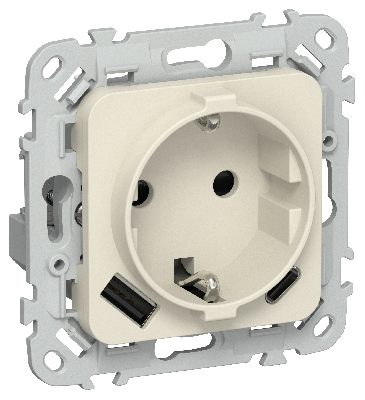 FLITE Розетка 1-местная с заземлением с защитными шторками 16А с USB A+C 20Вт безвинтовое крепление РСЮшс11-1-ФлСл сливочный IEK