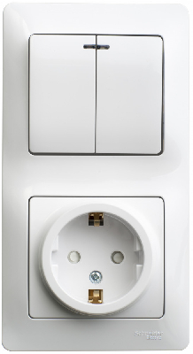 Блок: розетка с заземлением со шторками + выключатель двухклавишный с подсветкой белый