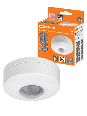 Датчик движения потолочный ДДП-03 мощность 1200 Вт, время отключения от 10 до 420 секунд, дальность обнаружения 6 метров , чувствительность от 3 Лк, угол обзора 120 градусов сбоку и 360 градусов сверху, IP33