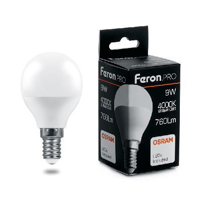 Лампа светодиодная LED 9вт Е14 белый матовый шар Feron.PRO