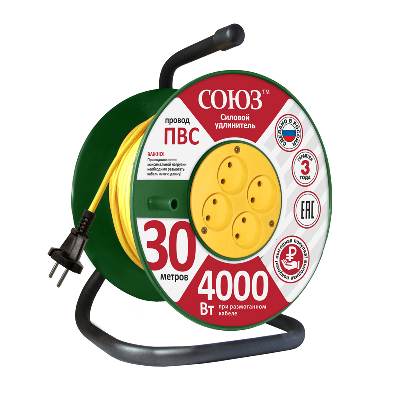 Удлинитель силовой ТМ Союз на катушке 4 гнезда 4000 Вт 30м