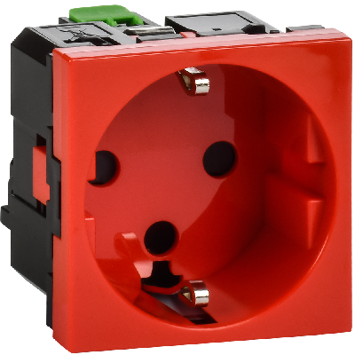 Розетка с заземлением  -  безвинтовые зажимы - со шторками и блокировкой 16А 250В - 90°- 2 модуля - красный