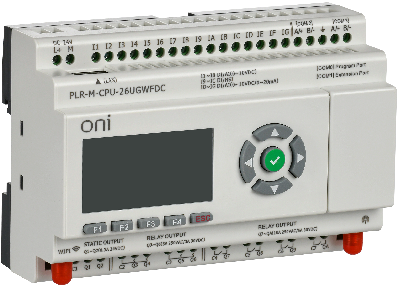 Микро ПЛК. Расширяемая версия. 16 дискретных входов (4 как 0-20мА, 8 как 0-10В, 4 до 60кГц), 2 транзисторных выхода до 10кГц, 8 релейных выходов. RTC. SD карта. 2хRS485. Ethernet. GSM/LTE/WiFi. Напряжение питания 24В DC