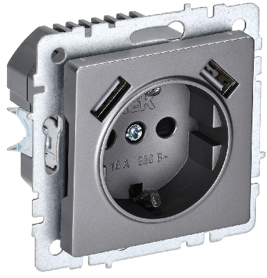 BRITE Розетка с заземлением с защитными шторками 16А с USB A+A 3,1А РЮш10-2-БрС сталь