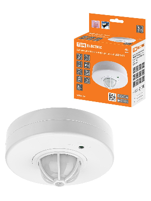 Датчик движения потолочный ДДП-01, мощность 1100 Вт,время отключения от 5 до 480 секунд, дальность обнаружения от 2 до 8 метров, чувствительность от 5 Лк, угол обзора 120 градусов сбоку и 360 градусов сверху, IP33