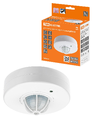 Датчик движения потолочный ДДП-02, мощность 1100 Вт, время отключения от 5 до 480 секунд, дальность обнаружения от 2 до 12 метров, чувствительность от 5 Лк, угол обзора 160 градусов сбоку и 360 градусов сверху, IP33