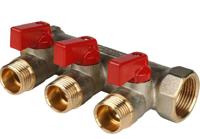 Коллектор с шаровыми кранами 3/4', 3 отвода 1/2' (красные ручки)