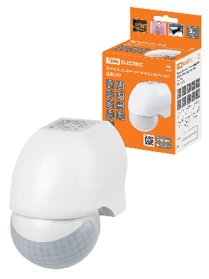 Датчик движения настенный ДДС-03, мощность 1100 Вт, время отключения от 5 до 720 секунд, дальность обнаружения 10 метров, чувствительность от 5 Лк, угол обзора 180 градусов, IP44