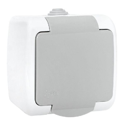 Розетка 1-местная Мурманск 16А с заземлением с крышкой IP54 серый с защитными шторками