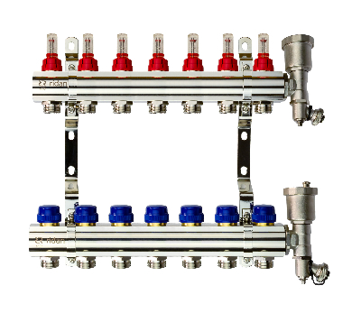 Коллекторная группа FHF-7RF set 7 контуров 1' х 3/4' с расходомерами, воздухоотводчиками и кронштейнами