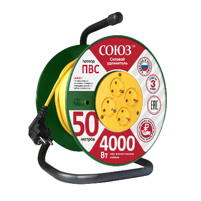 Удлинитель силовой ТМ Союз на катушке 4 гнезда 4000 Вт с заземляющим контактом 50м