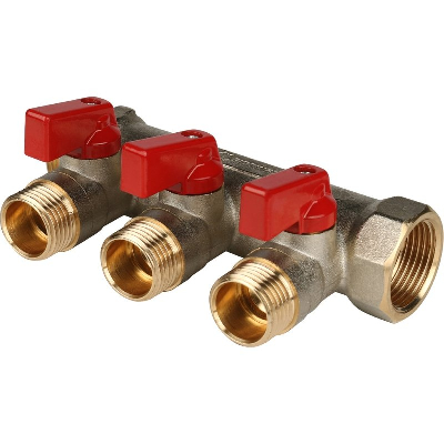 Коллектор с шаровыми кранами 1', 3 отвода 1/2' (красные ручки)