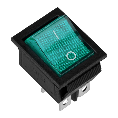 Выключатель клавишный 250В 16А (4с) вкл-выкл зеленый с подсветкой