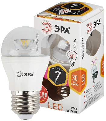 Лампа светодиодная LED P45-7W-827-E27-Clear (диод,шар,7Вт,тепл,E27) (6/60/2400)