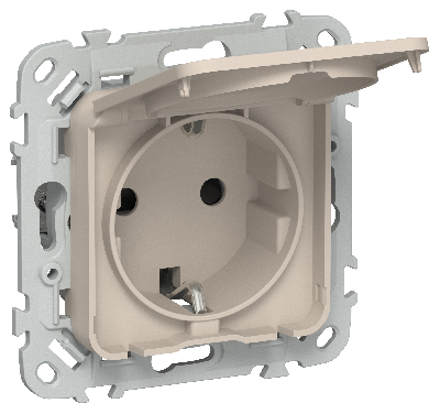 FLITE Розетка с заземлением с защитными шторками и крышкой безвинтовое крепление 16А IP44 РСшкр11-1-44-ФлЛ льняной IEK