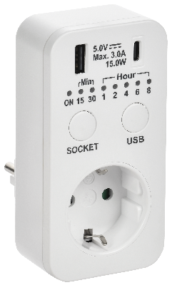 РТЭ-4 Розетка-таймер электронный с USB A+C        15мин-8ч 16А IP20 белый IEK