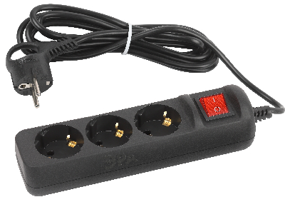 Удлинитель электрический UX-3es-3m-B с заземлением с выключателем 3 розетки 3 м ПВС 3x0,75мм2 10А черный