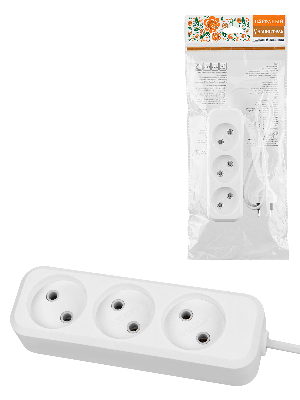 Удлинитель 3 гнезда. 3 метра. б/з.10 А. 2300 Вт. белый. НАРОДНЫЙ