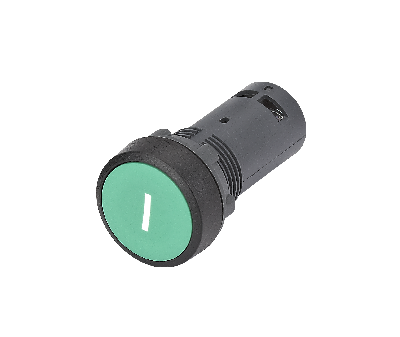 Кнопка моноблочная 22мм зеленая с возвратом, с маркировкой I, пластик, 1НО, IP65 SB7