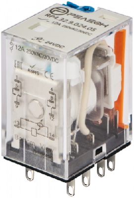Промежуточное реле, 2 перекидных контакта, 6А, 24В DC, блокируемая кнопка проверки + светодиод