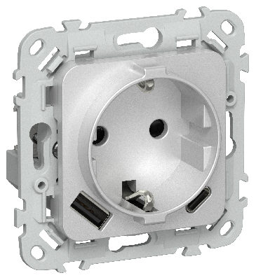FLITE Розетка 1-местная с заземлением с защитными шторками 16А с USB A+C 20Вт безвинтовое крепление РСЮшс11-1-ФлА алюминий IEK
