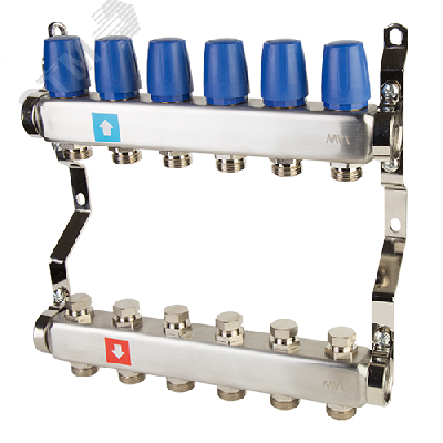 Коллекторная группа с ручными регулировочными клапанами 1' х 6 выходов 3/4' НР евроконус