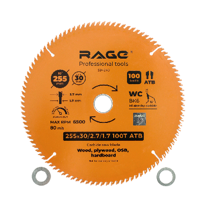 Диск пильный чистый 255 мм 100 зубьев посадка 30 мм + кольцо 25.4 мм 20 мм 16 мм