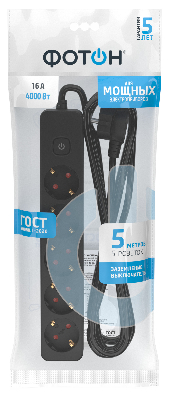 Удлинитель сетевой ''ФОТОН'' 16-55ЕS, 5м, 5 розеток, 16А, с выключателем, с заземлением, Черный