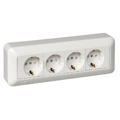ПРИМА Розетка 4 поста наружная с заземлением 250В 16А со шторками белая монтажная пластина