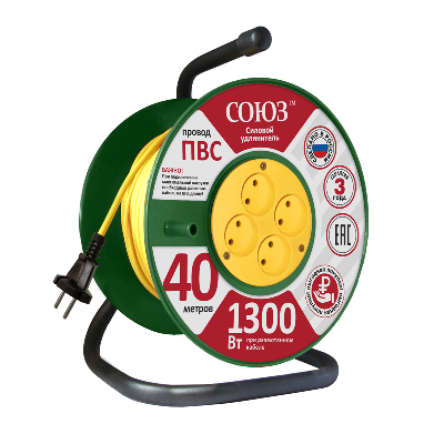 Удлинитель ТМ Союз силовой на катушке с 4  гнезда 1300 Вт 40м