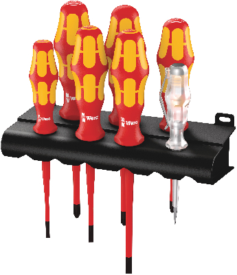 Набор диэлектрических отверток с зауженным рабочим концом Kraftform Plus Серия 100 + индикатор напряжения + подставка 7 предметов. 160 iS/7 Rack VDE