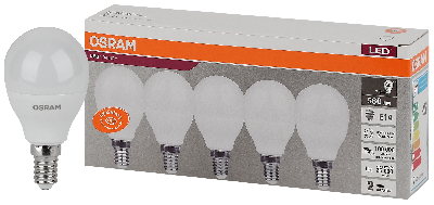 Лампа светодиодная LED 7 Вт E14 4000К 560Лм шарик 220 В (замена 60Вт) OSRAM упак 5 шт