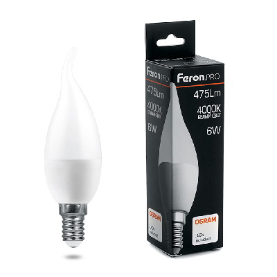 Лампа светодиодная LED 6вт Е14 белый матовая свеча на ветру Feron.PRO