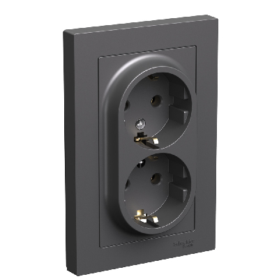 ATLASDESIGN РОЗЕТКА двойная с заземлением, 16А, в сборе, БАЗАЛЬТ