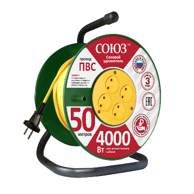 Удлинитель силовой ТМ Союз на катушке 4 гнезда 4000 Вт 50м