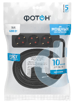 Удлинитель сетевой ''ФОТОН'' 16-103Е, 10м, 3 розетки, 16А, с заземлением,Черный