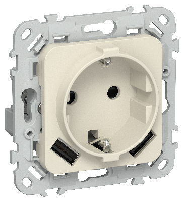FLITE Розетка 1-местная с заземлением с защитными шторками 16А с USB A+A 3,1А безвинтовое крепление РСЮша11-1-ФлСл сливочный IEK