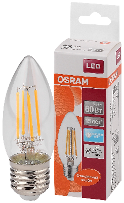 Лампа светодиодная LED 5Вт E27 CLB60 белый, Filament прозр.свеча OSRAM