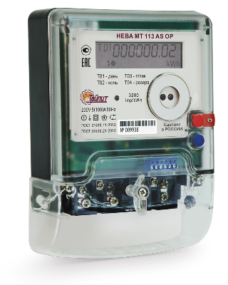 Счетчик электроэнергии НЕВА МТ 113 AS OP 5(100) однофазный многотарифный, 5(100), кл.точ. 1.0, Щ, ЖКИ, регион 02