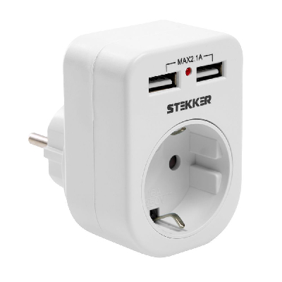 Переходник сетевой с/з c 2 USB 2,1А,, 250В, 16A, IP20, белый