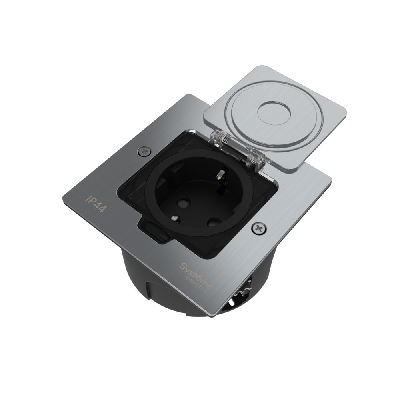 Лючок MultiDeS с розеткой 2К+З 16А/250В IP44 с монтажной коробкой для стены фальшпола стола Серебро тип MDK21