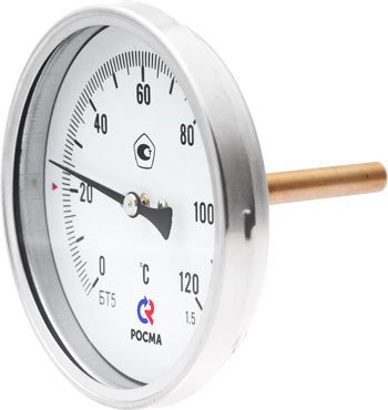 Термометр биметаллический осевой БТ-31.211 0-200С 1/2'шток 100мм кл.2.5 в комплекте с защитной      гильзой (латунь)