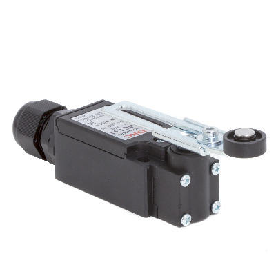 Концевой выключатель с двумя контактами, нормально открытый + нормально закрытый (NO+NC). С поворотным регулируемым рычажным роликом